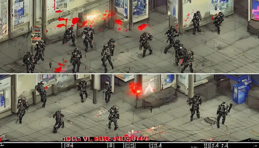 Prompt: 1994 Video Game Screenshot, Anime Neo-tokyo Cyborg bank robbers vs police, Set inside of the Bank Lobby, Multiplayer set-piece in bank lobby, Tactical Squad :9, Police officers under heavy fire, Police Calling for back up, Bullet Holes and Realistic Blood Splatter, :6 Gas Grenades, Riot Shields, Large Caliber Sniper Fire, Chaos, Anime Cyberpunk, Ghost in The shell Bullet VFX, Machine Gun Fire, Violent Gun Action, Shootout, :7 Inspired by Escape From Tarkov + Intruder + Akira :9 by Katsuhiro Otomo: 19