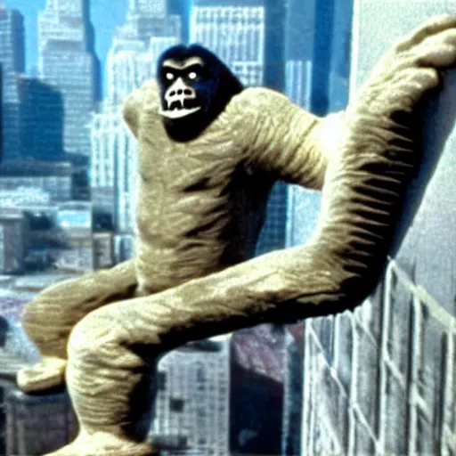 Prompt: of a enormous astronaut!! climbing!! up a building! ((like king kong)), still from the movie astronaut attack (2002)