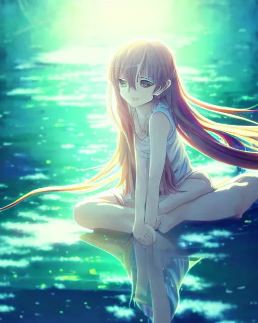 Image similar to anime style, vivid, expressive, full body, 4 k, painting, a cute girl with white skin and a long wavy hair humming a song, stunning, realistic light and shadow effects, centered, simple background, studio ghibly makoto shinkai yuji yamaguchi