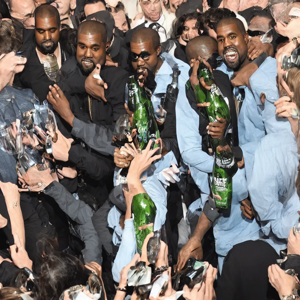 Image similar to kanye west hugging a giant bottle of sparkling water