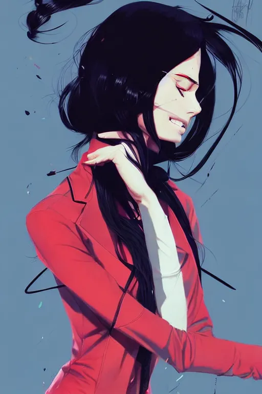 Image similar to a ultradetailed beautiful panting of a stylish woman wearing a shirt with a tie, she has black hair, by conrad roset, greg rutkowski and makoto shinkai, trending on artstation