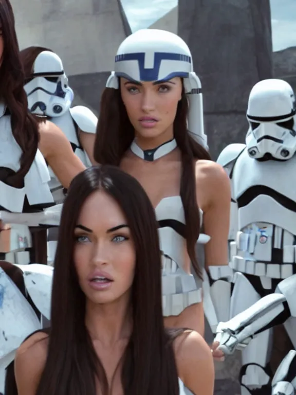 Prompt: Still of Megan Fox, & Ariana Grande, being briefed on the clone wars by a brunette clone trooper. beautiful composition, Star Wars Universe, Cinematic Lighting, beautiful face, beautiful eyes, 8K resolution