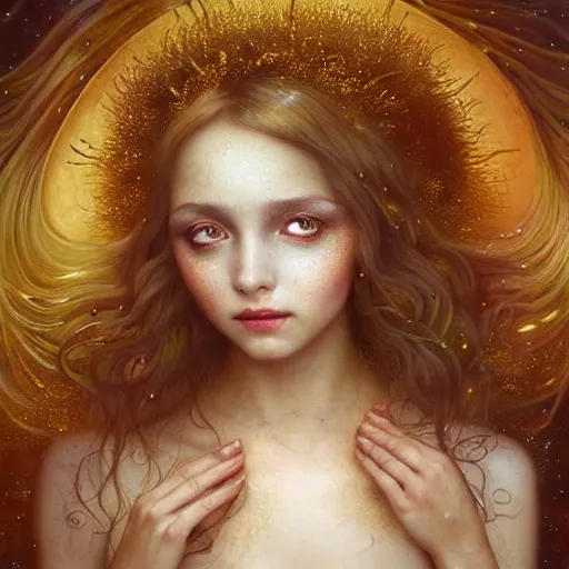 Image similar to Beautiful Delicate Detailed portrait of sun summer woman, With Magical golden eyes by Tom Bagshaw, Bastien Lecouffe Deharme, Erik Johansson, Amanda Sage, Alex Grey, Alphonse Mucha, Harry Clarke, Josephine Wall and Pino Daeni, Delicate winter frozen creature With long golden Hair and Magical Sparkling Eyes, Magic Particles; Magic Swirls, in a out of this world magical summer landscape, 4K; 64 megapixels; 8K resolution concept art; detailed painting; digital illustration; hyperrealism; trending on Artstation; Unreal Engine Photorealistic, lifelike, Unreal Engine, sharp, sharpness, detailed, 8K