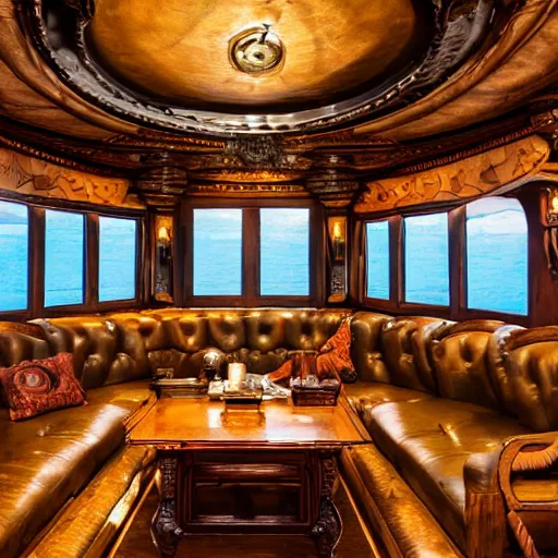 Prompt: antique victorian furniture inside the luxury living room of the nautilus submarine, porthole windows with detailed fish, corals, octopus outside, retrocore, cyber steampunk 8 k 3 d
