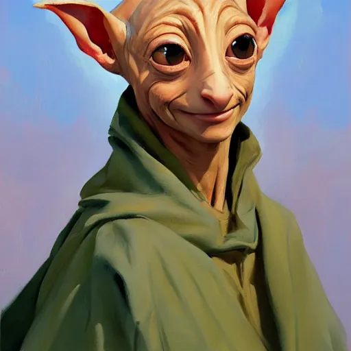 Image similar to greg manchess portrait of happy dobby the house elf cheering, organic painting, sunny day, matte painting, bold shapes, hard edges, street art, trending on artstation, by huang guangjian, gil elvgren, ruan jia, randy vargas, greg rutkowski