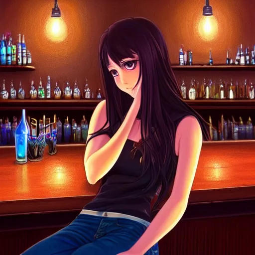 Image similar to a beautiful girl with long dark hair, sitting alone at a bar, night time, intricate, highly detailed, digital painting, artstation, official media, anime key visual, concept art, rich vivid colors, ambient lighting, sharp focus, illustration, art by Artgerm, Makoto Shinkai, Ilya Kuvshinov, Lois Van Baarle, and Rossdraws