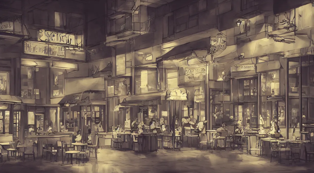 Prompt: Empty coffee shop at night in anime style, trending on Artstation