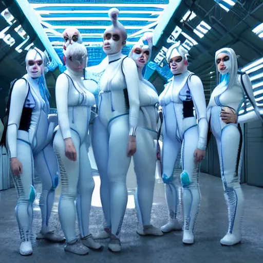 Image similar to troop of freak show women with white apache hairdos, white hair, tight light blue neopren suits, futuristic production facility, sci - fi, highly detailed, cinematic