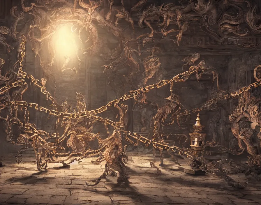 Image similar to various demons and monsters sealed by chains in old asian temple, beautiful texture, beautiful graphics, fantasy artwork, very beautiful scenery, hd, hdr, ue 5, ue 6, unreal engine 5, cinematic 4 k wallpaper, 8 k, ultra detailed, by popular digital, details, beautiful image ever created, high resolution, artstation, award winning