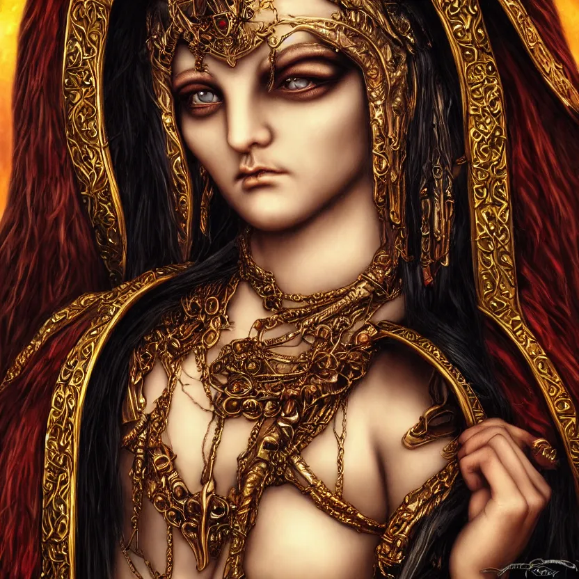 Image similar to candid photography, close up portrait, goddess of death, by anne stokes, photorealism, highly detailed, uhd