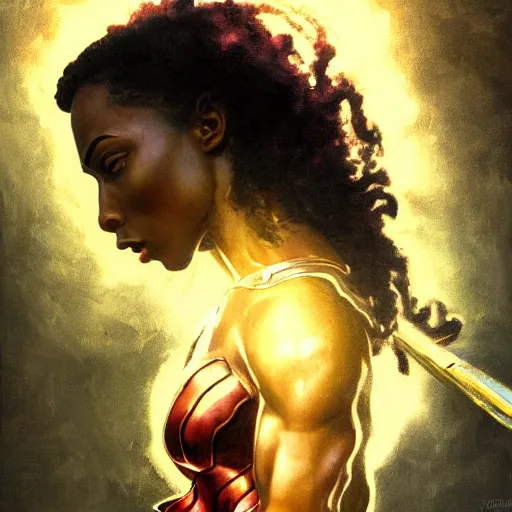 Image similar to : beautiful portrait of black wonder woman, bodybuilder posing, radiant light, caustics, war hero, metal gear solid, by gaston bussiere, bayard wu, greg rutkowski, giger, maxim verehin