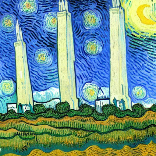 Image similar to twin towers painted by vincent van gogh, 4 k, high resolution, illustration, painting