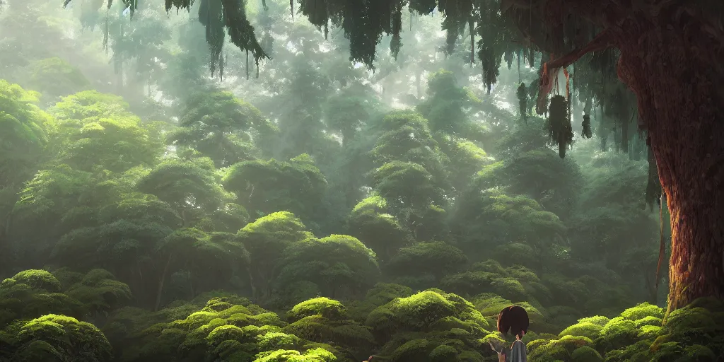 Image similar to A highly detailed matte oil painting of a forest by Studio Ghibli, by Mokoto Shinkai, hyperrealistic, cinematic, breathtaking, beautiful composition, by Artgerm, by beeple, volumetric lighting, octane render, 4K resolution, trending on artstation