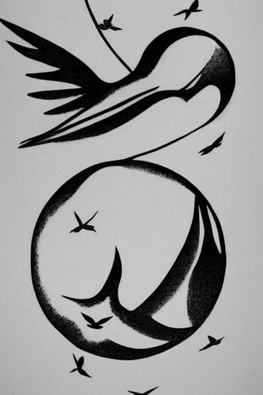 Image similar to a beautiful tattoo design of minimalist swallows flying into spherical lines and simple basic shapes, black ink, line art