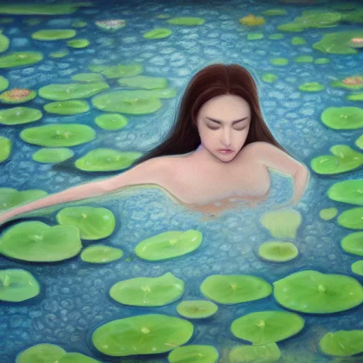 Image similar to A woman submerged underwater, you can only see her face from an aerial view with lily pads surrounding her as her hand reaches out to you, artistic digital art, very opaque, gloomy style, oil paints and pastel highlights, trending on artstation, artstationHD, artstationHQ, 4k, 8k