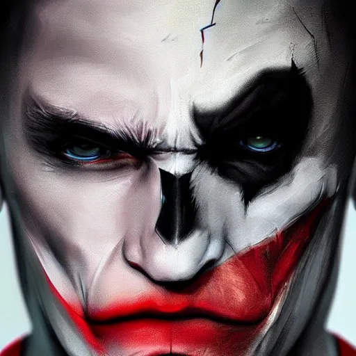 Image similar to half batman half joker face, digital painting, amazing detail, artstation, cgsociety, photorealistic