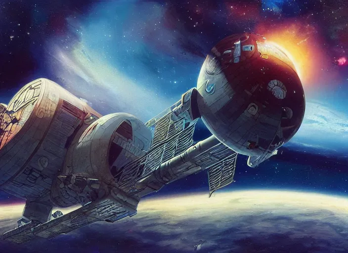 Prompt: abandoned space station drifting in deep space, cinematic matte painting, peter elson, chris foss, terran trade authority