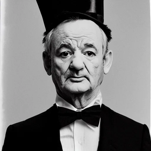 Image similar to black and white mugshot, bill murray, he is wearing a top hat, wearing bandit mask, bow tie bandit