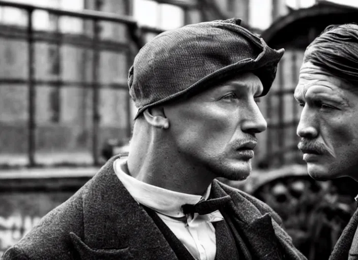 Image similar to an action scene from peaky blinders, medium long shot, tom hardy, sharp eyes, serious expressions, detailed and symmetric faces, black and white, cinematic, epic,