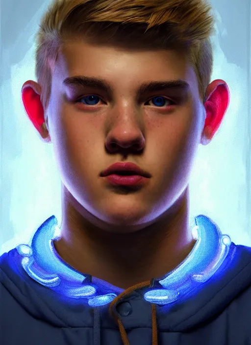 Image similar to portrait of high school senior boy named big moose, blonde short hair, jock, beefy, wide face, square jaw, square facial structure, blue varsity jacket with letter r, intricate, elegant, glowing lights, highly detailed, digital painting, artstation, concept art, sharp focus, illustration, art by wlop, mars ravelo and greg rutkowski