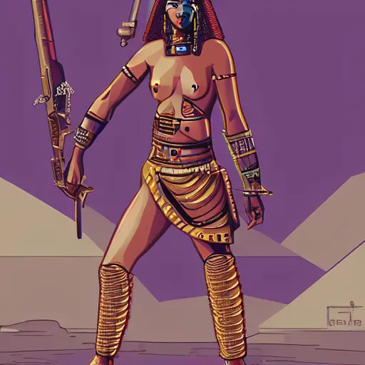 Prompt: cyberpunk barbarian dresssed like a nomad and firing a laser pistol, egyptian landscape, science fiction pulp illustration, mobius art style