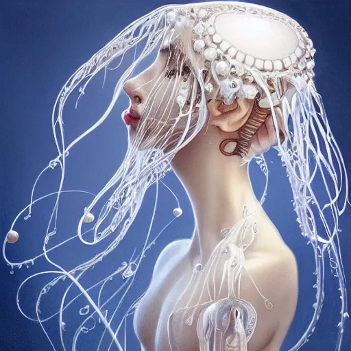 Image similar to a photograpic portrait of a anthropomorphic jellyfish wearing white clothes, fantasy, intricate, elegant, highly detailed, digital painting, artstation, concept art, smooth, sharp focus, illustration, art by artgerm and H R Giger and alphonse mucha