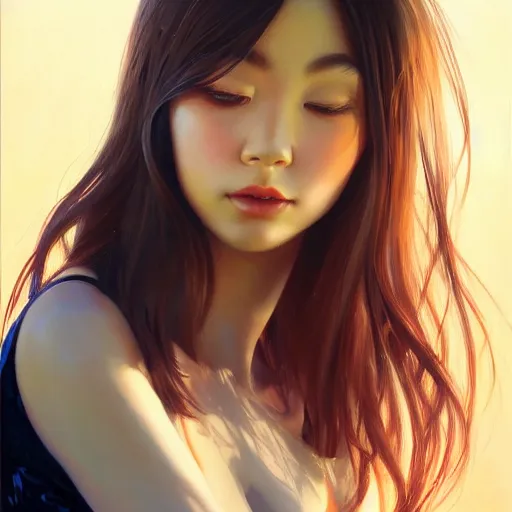 Image similar to oil painting by ilya kuvshinov,, baugh casey, rhads, coby whitmore, of a youthful japanese beauty, long hair, holding candied apple, outdoors, highly detailed, breathtaking face, studio photography, dawn, intense subsurface scattering, blush, supple look, innocence, intense sunlight