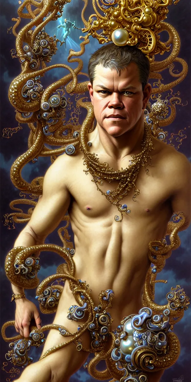 Prompt: handsome matt damon baroque rococo fantasy character portrait, ultra realistic, intricate details, the fifth element artifacts, highly detailed by peter mohrbacher, hajime sorayama, wayne barlowe, boris vallejo, aaron horkey, gaston bussiere, craig mullins alphonse mucha, rococo curves swirls and spirals, flowers pearls beads crystals jewelry goldchains scattered