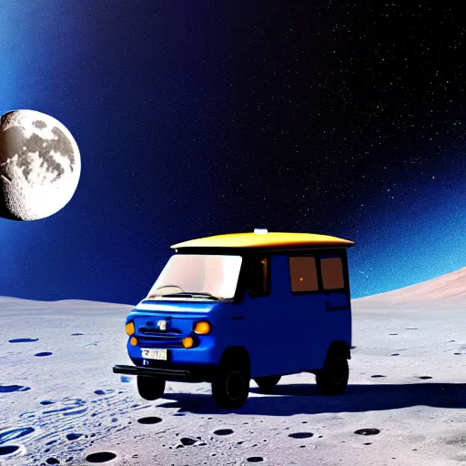 Image similar to a dark blue tuk tuk traveling on the surface of the moon, moon craters, black sky, hard science fiction, milky way, moon, matte painting, concept art, 4k
