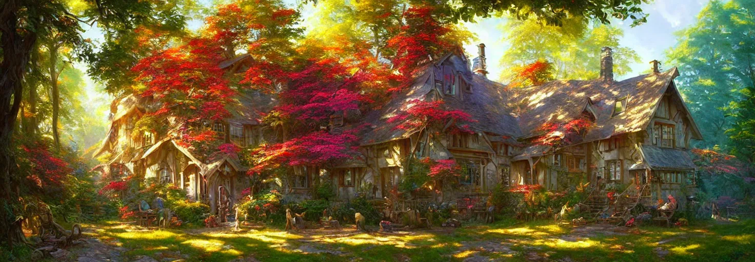 Prompt: forest cottage, sunny day, vibrant colors, intricate mural, highly detailed, digital painting, trending on artstation, sharp focus, illustration, art by artgerm and greg rutkowski and magali villeneuve