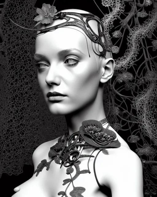 Image similar to monochrome 3 d model, profile portrait 1 8 9 0 picture, silver lace floral steampunk biomechanical beautiful young female cyborg with techno eye, volumetric light, leaves foliage and stems, hibiscus flowers, sinuous fine roots, fine foliage lace, alexander mcqueen, rim light, big gothic fashion pearl embroidered collar, octane render, hg giger, 8 k