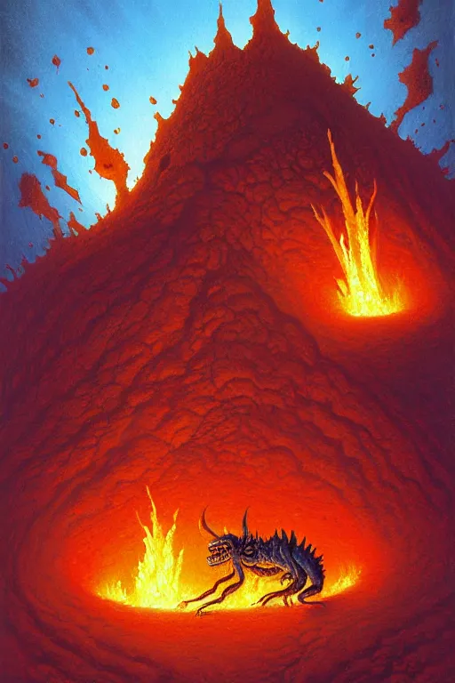Prompt: classic oil painting, a crawling monster made of fire, as a dnd character, crawling out of the top of a volcano, cottagecore, highly detailed, dripping, adorable, scary, smoke, floating ash, digital illustration, concept art, smooth, sharp focus, art by tim hildebrandt, and greg hildebrandt