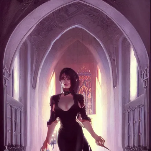 Image similar to dark evil girl inside a castle, beautiful girl, darkness aura, full body, artstation, Hajime Sorayama, Bruce Pennington,