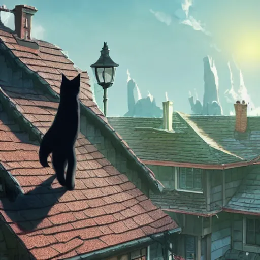 Image similar to a wholesome animation key shot of a black cat walking in the edge of a roof with tiles, medium shot, studio ghibli, pixar and disney animation, sharp, rendered in unreal engine 5, anime key art by greg rutkowski, bloom, dramatic lighting