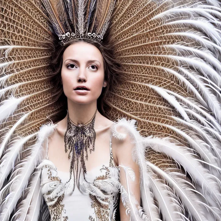 Prompt: photo portrait of a beautiful woman like a queen-feathers-angel, dressed in long elegant intricate ornamental roots white dress, natural skin tone, intricate mandelbrot fractal highly detailed feathers ornament in the upper side of breast, bust with a very long neck , hair are wired feathers, elegant, highly detailed intricate feathers ornament in her long hair, Realistic, Refined, Highly Detailed, natural outfoor lighting colors scheme, fine art photography by Lindsay Adler, volumetric lighting, hyper realistic photography, 8k