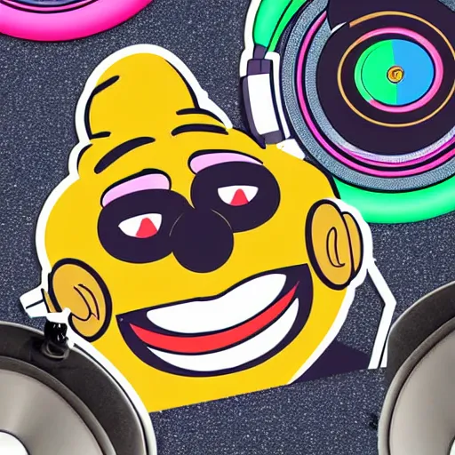 Image similar to svg sticker of a Pop-Wonder Bert&Ernie, Sesame-Street, at a rave, spinning records, giant headphones rocking out, wearing headphones, huge speakers, dancing, rave, DJ, spinning records, digital art, amazing composition, rule-of-thirds, award-winning, trending on artstation, featured on deviantart