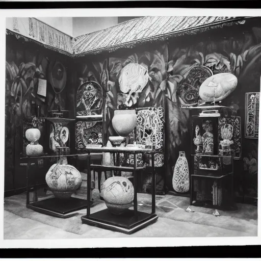 Image similar to an offset photography of an object on display, three colors, ( anthropology of wonder ), ( ( exotic artifacts ) ), bauhause, ( tropicalism ), ( colonial expedition ), exhibition, 6 0 s style