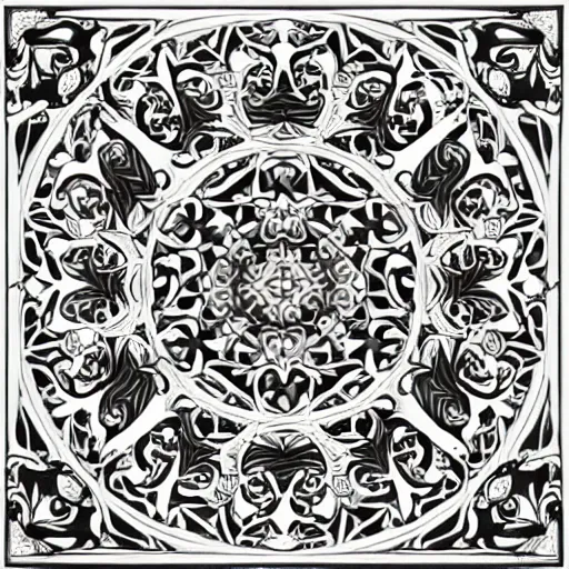 Prompt: a symmetrical design of intricate baroque floral patterns radiating from the center, hard geometric lines dissect the gorgeous filigree, in the style of an Albrecht Durer print