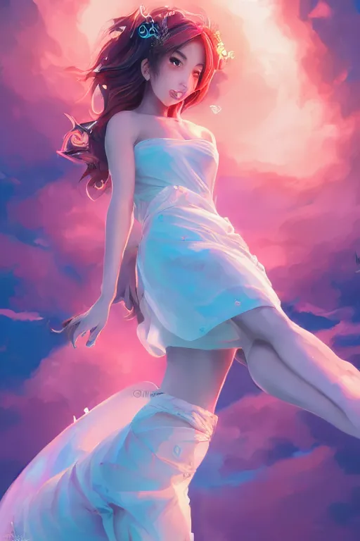 Image similar to a beautiful fashion goddness of love, chic strapless dress, tropical sea background, character design, in the style of artgerm, and wlop, cinematic lighting, hyperdetailed, 8 k realistic, symmetrical, global illumination, radiant light, frostbite 3 engine, cryengine, dof, trending on artstation, digital art