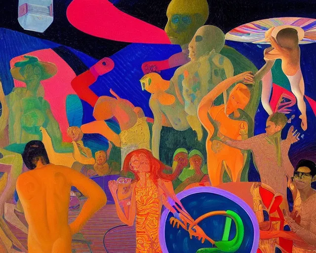 Prompt: a beautiful masterpiece painting of people who dance around ( in a space disco ) and brain and mushroom and pills, oil painting by cuno amiet, andrey remnev, frank stella, james jean, kazimir malevich, pavel filonov, robert rauschenberg, prismatic, glowing, raven black, trending on artstation