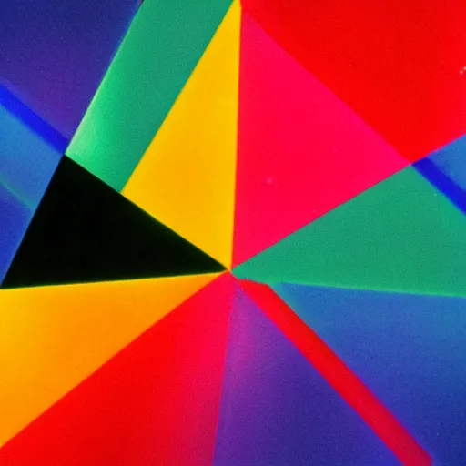 Image similar to black background, an holographic triangle transforming a single light ray into a rainbow, 1970s