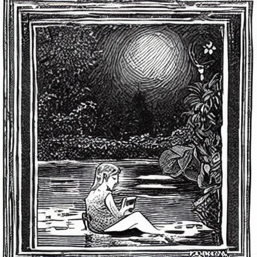 Image similar to garfield by h. p. lovecraft natural, ordered. print. a young girl is sitting on the edge of a pond, with her feet in the water. she is looking at a frog that is sitting on a lily pad in the pond.