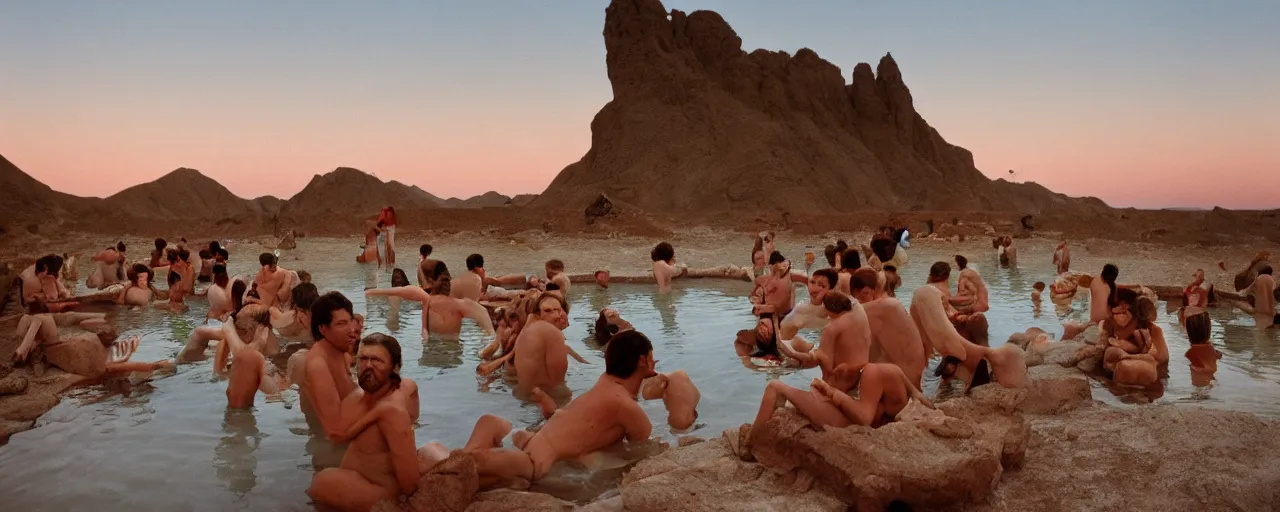 Prompt: people at a natural hot springs of with spaghetti, desert, sunset, kodachrome, in the style of wes anderson