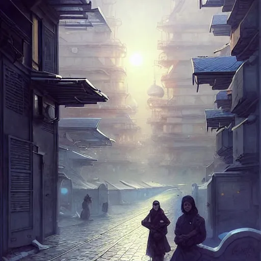 Prompt: It’s sublimely calm on the streets of Russian panel houses quarters on the Moon city, Norilsk, sci-fi, fantasy, intricate, very very beautiful, elegant, highly detailed composition, digital painting, artstation, concept art, smooth, sharp focus, illustration, art by artgerm and greg rutkowski and alphonse mucha