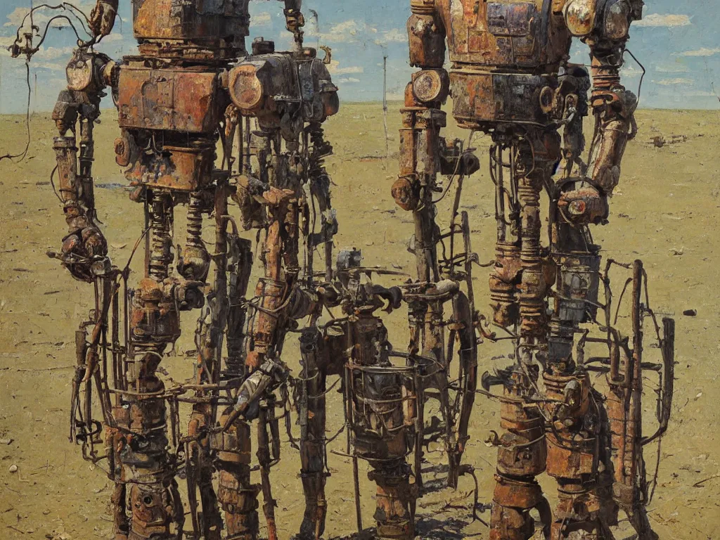 Image similar to rusty old robot standing, heatwave, Denis sarazhin, oil on canvas