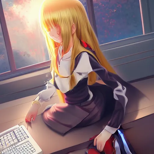 Prompt: advanced digital anime art, female teen with red eyes and blonde / yellow hair that is to neck length wearing a dark grey school outfit sitting on the teachers desk in a classroom at sunset. drawn by Shikamimi, WLOP,rossdraws