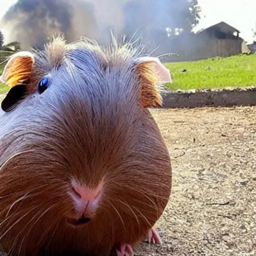 Image similar to a Guinea pig taking a selfie in front of a burning house