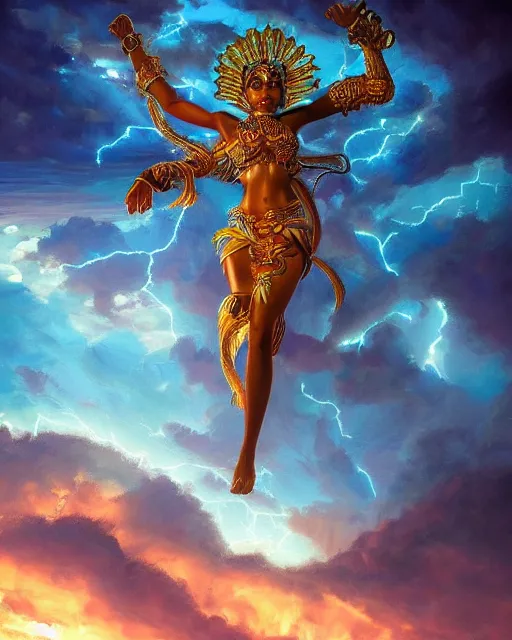 Prompt: a beautiful oil on canvas of a beautiful orisha god majestic, lightning, ornate, detailed, intricate, beautiful sea in the background, epic sky, vray render, artstation, deviantart, pinterest, sci - fi, afrofuturism, 5 0 0 px models