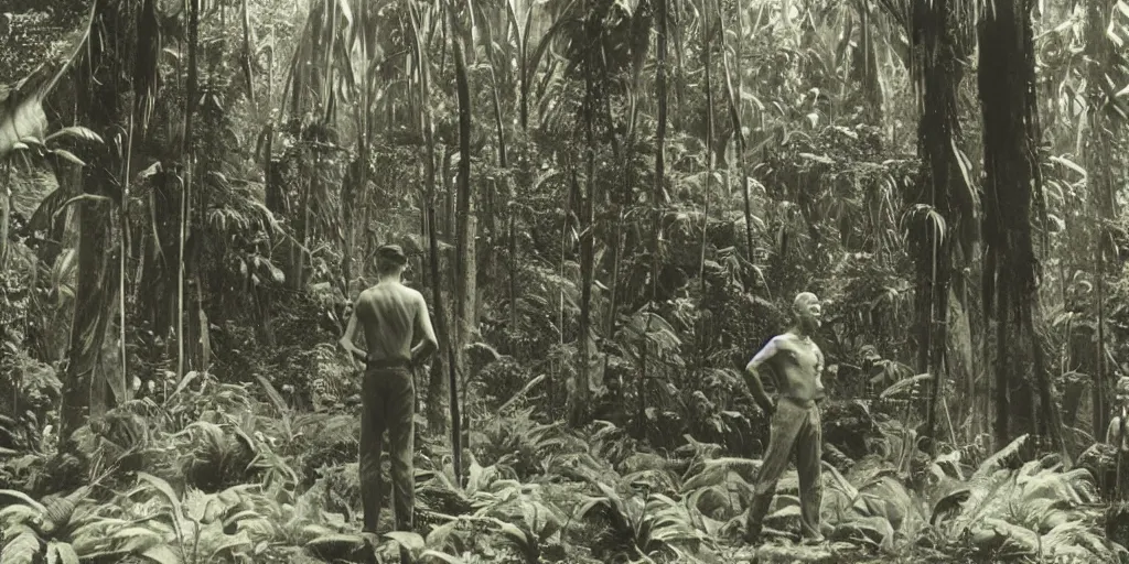 Prompt: a human researcher standing in the rainforest, post - apocalypse, cinematic by hugh ferriss