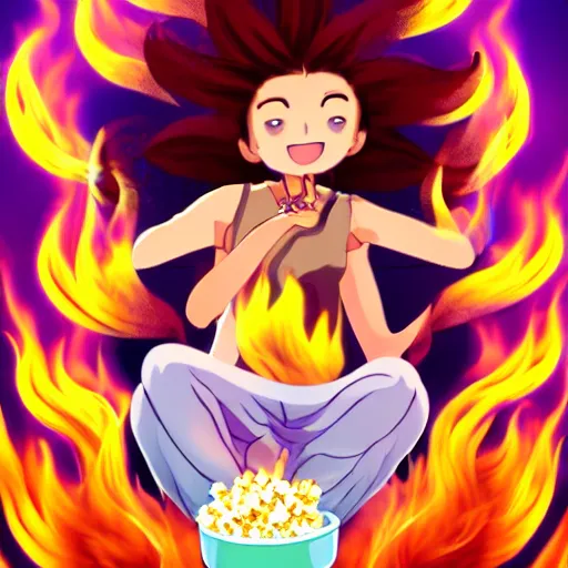 Image similar to fluffy popcorn anime character with a smiling face and flames for hair, sitting on a lotus flower, clean composition, symmetrical